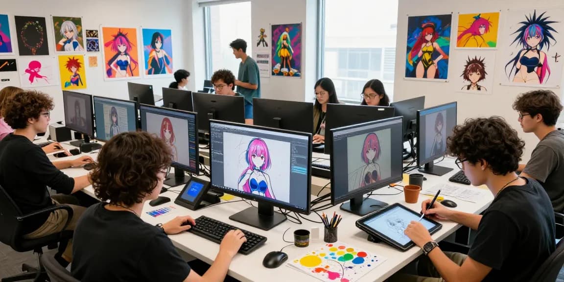 Creative artists collaborating on AI-generated ecchi art in a vibrant digital studio.