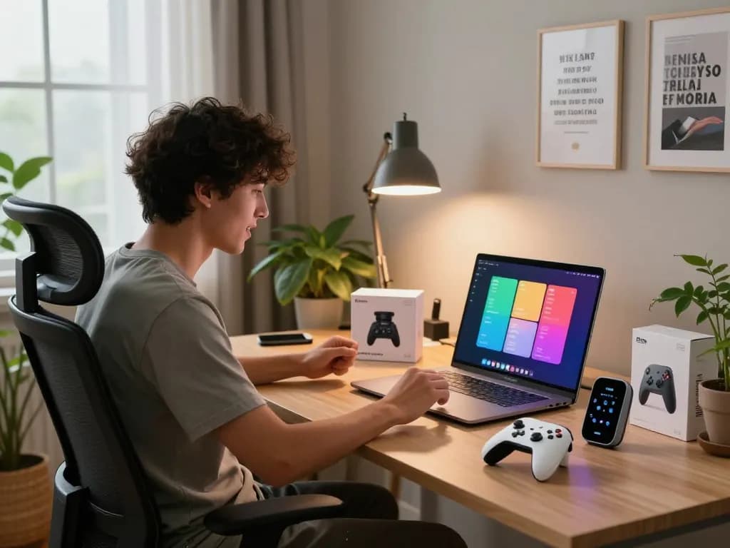 Person enthusiastically exploring affordable tech gadgets on a sleek desk in a modern home office.