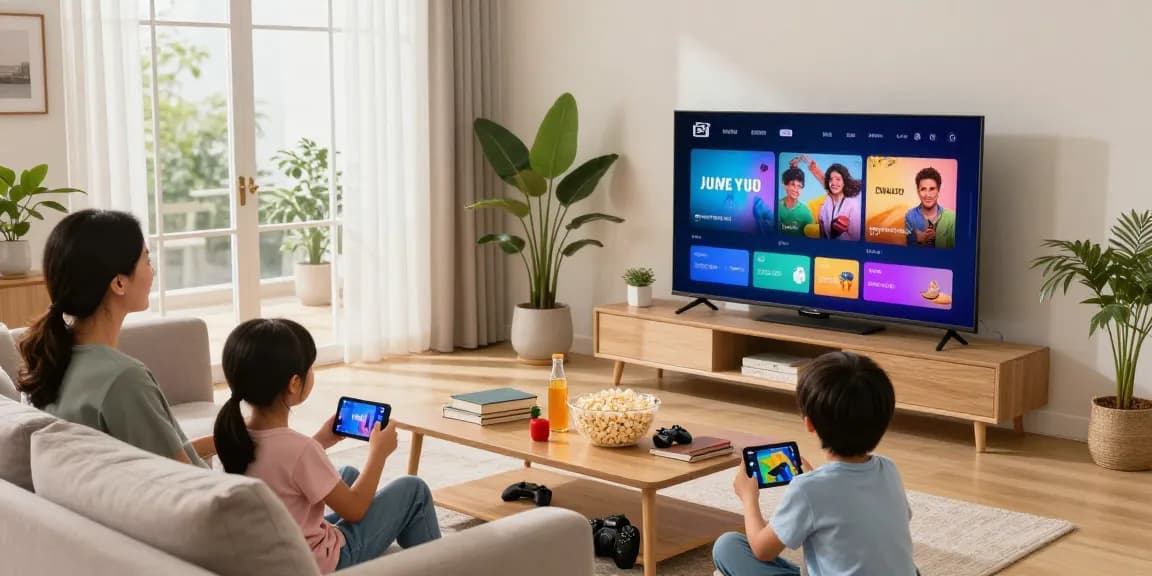 Family enjoying IPTV vs cable in a cozy living room with various devices.