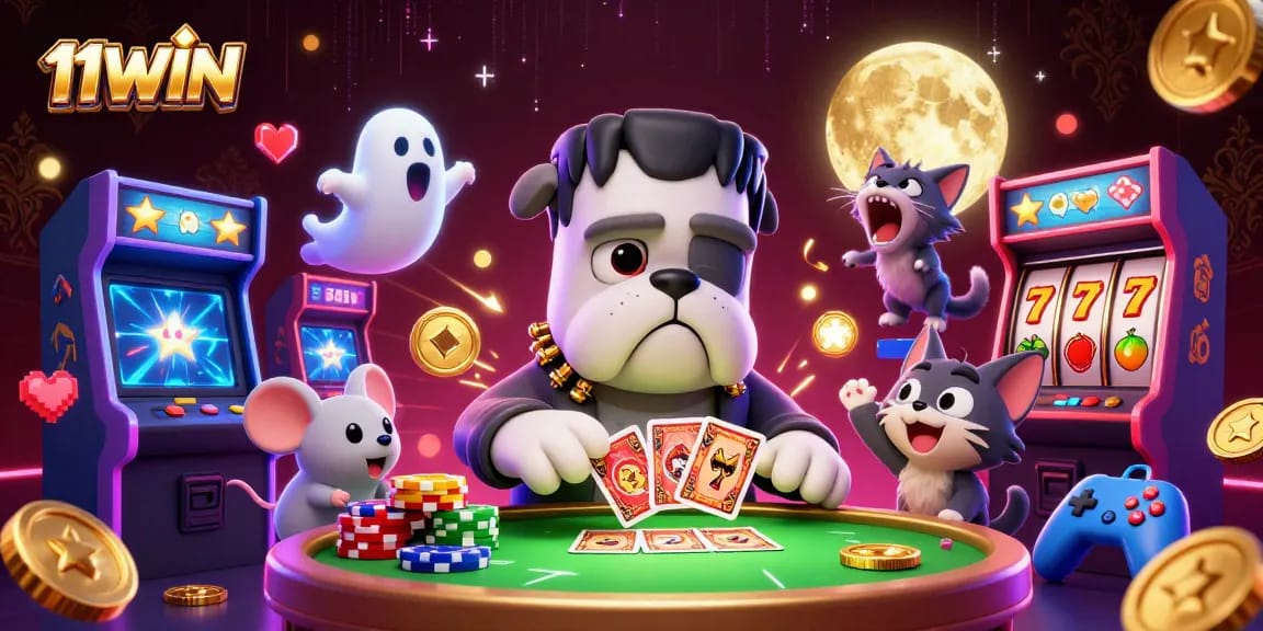 Join the action with 11WIN and its lively casino characters at a thrilling card game.