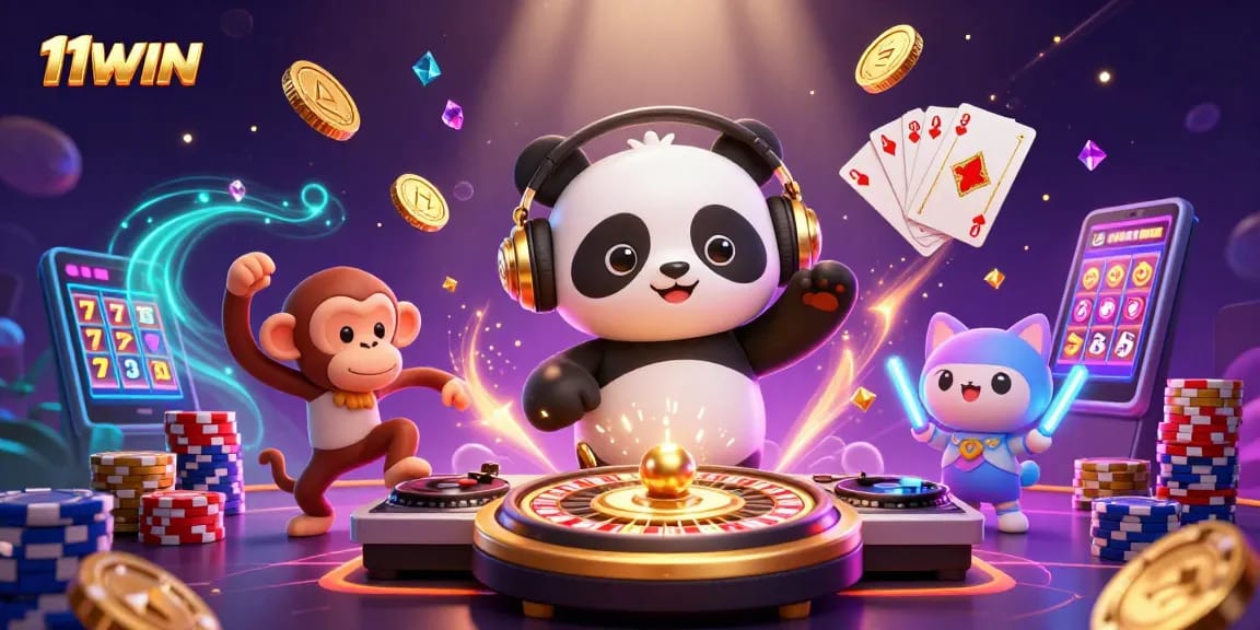 Feel the excitement of 11WIN with a DJ panda, dancing monkey, and rave kitten in this vibrant casino scene.