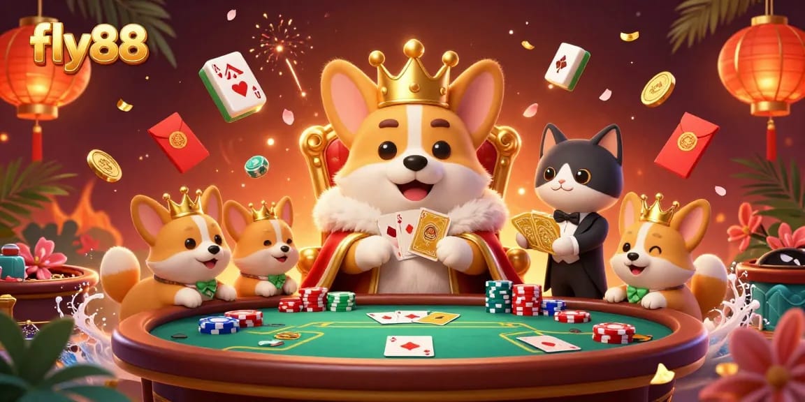 Experience thrill and excitement at fly88 with a royal corgi on a throne of poker chips, surrounded by vibrant casino elements.