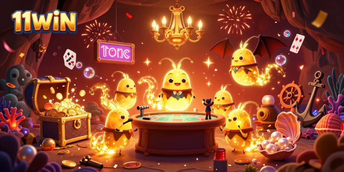 Experience the thrill of 11WIN with a vibrant cave casino scene featuring glowworms and a bat dealer.