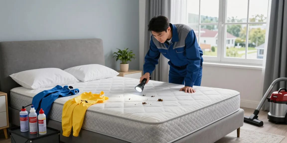 Bed bug pest control professional inspecting for infestation in a modern bedroom.