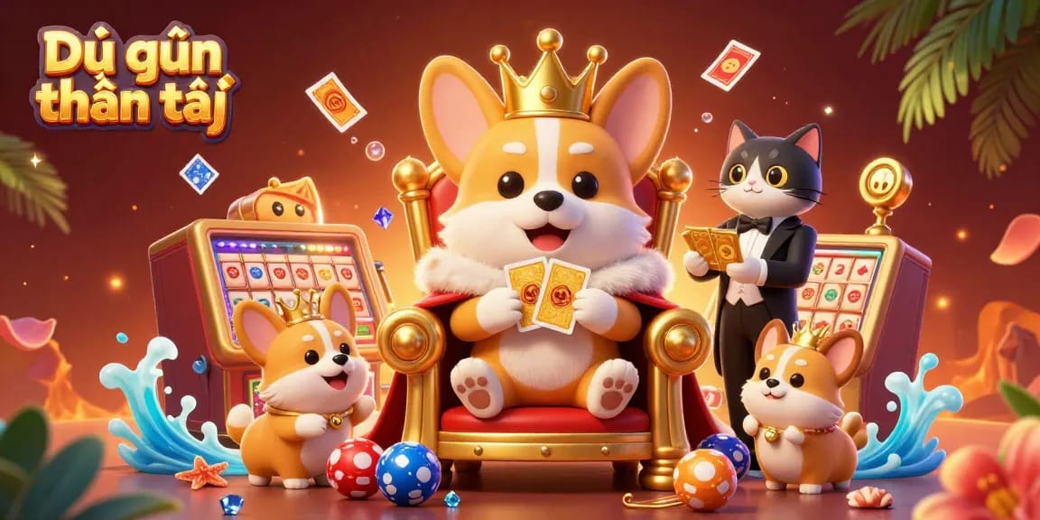 Engage in Dự đoán thần tài with captivating illustrated scene showcasing lottery excitement and corgi royalty.