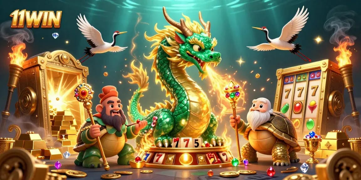 Spin the reels for jackpots at 11WIN with the dragon, turtle, and lucky cranes in a vibrant casino scene.
