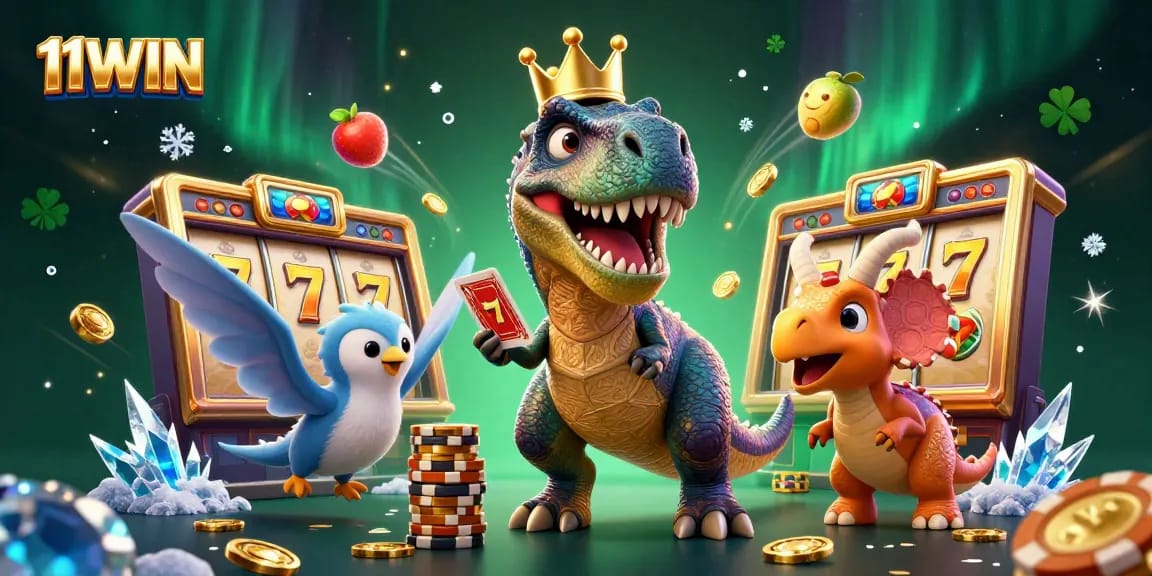 Engage with thrilling casino action at 11WIN featuring dinosaurs stacking chips and shuffling cards.