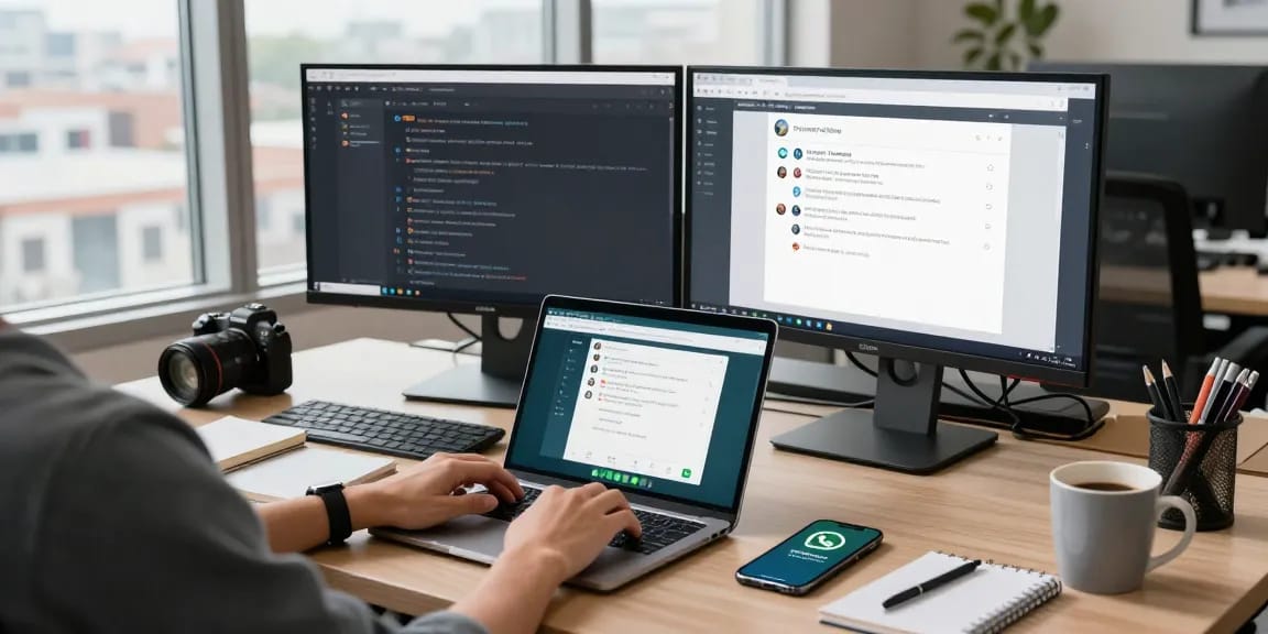 Using WhatsApp網頁版 on a laptop in a modern workspace with a creative desk setting.