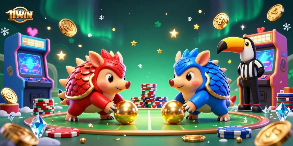 Engage with exhilarating games using 11WIN's cartoon pangolins battling in a casino-themed arena.