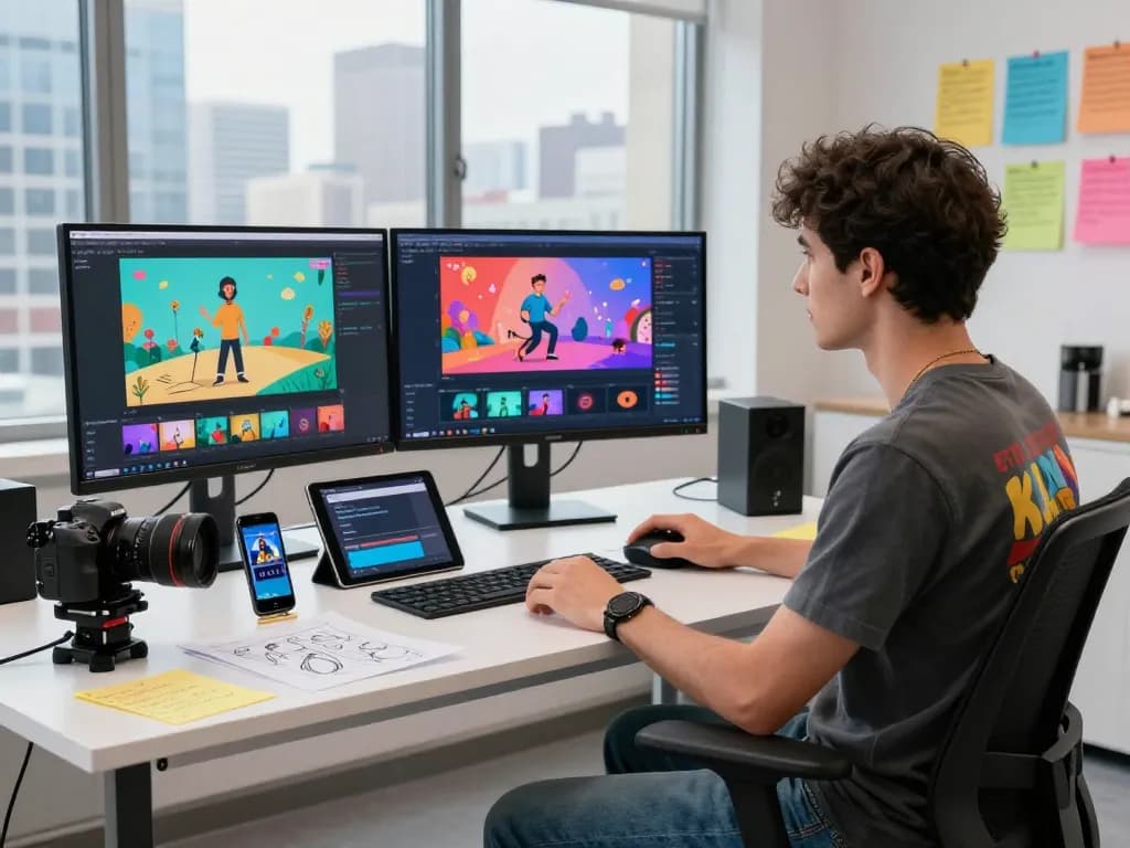 Creative professional using kling ai for dynamic video generation in a modern studio.