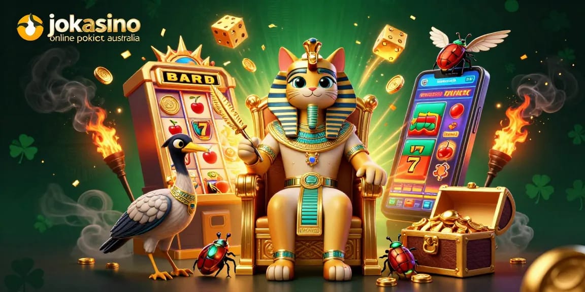 Experience jokacasino online pokies australia with a vibrant 3D illustration of a pharaoh cat and dynamic game elements.