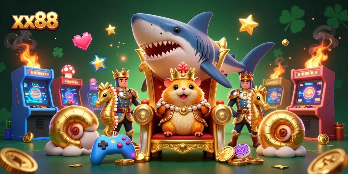 Join the fun at xx88 with a golden hamster king and dynamic gaming elements in this vibrant illustration!