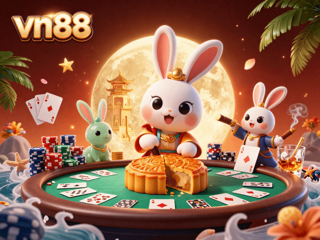 Engage with vn88 as the moon rabbit reveals poker chips in a vibrant lunar casino scene.