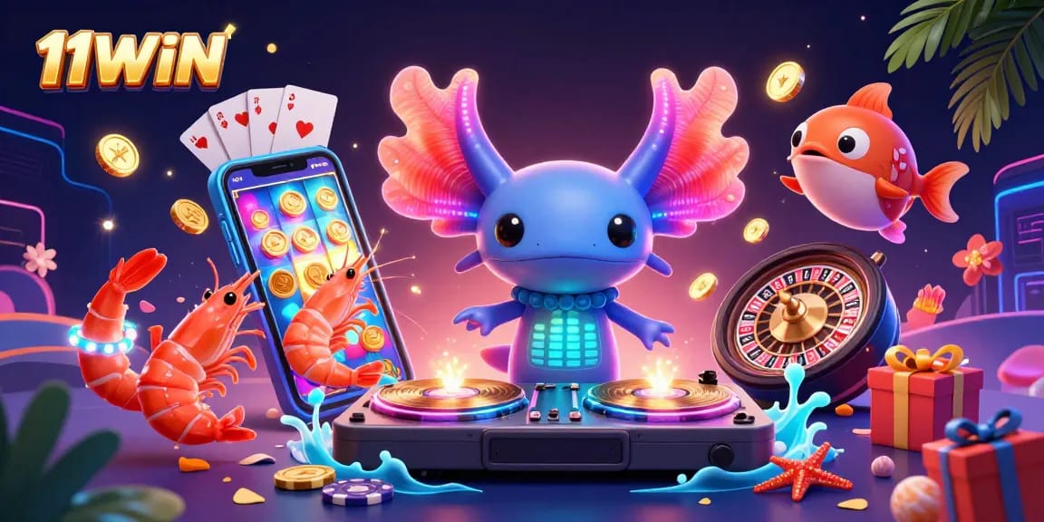Engage with vibrant, dynamic gaming action at 11WIN featuring animated casino elements.