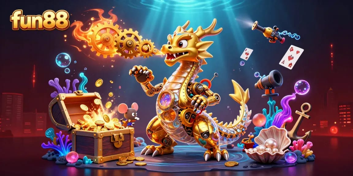 Join the excitement of fun88 with a dragon breathing gears in a vibrant casino scene.