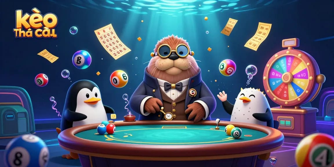 Experience kèo nhà cái excitement with a jolly walrus and friends at an underwater poker table.