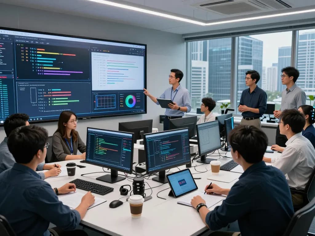 Researchers analyzing data on sex AI applications in a modern lab setting, showcasing collaborative technology.