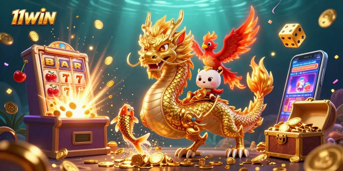 Experience the excitement of 11WIN with a vibrant 3D illustration of dragon, phoenix, and koi amid casino elements.