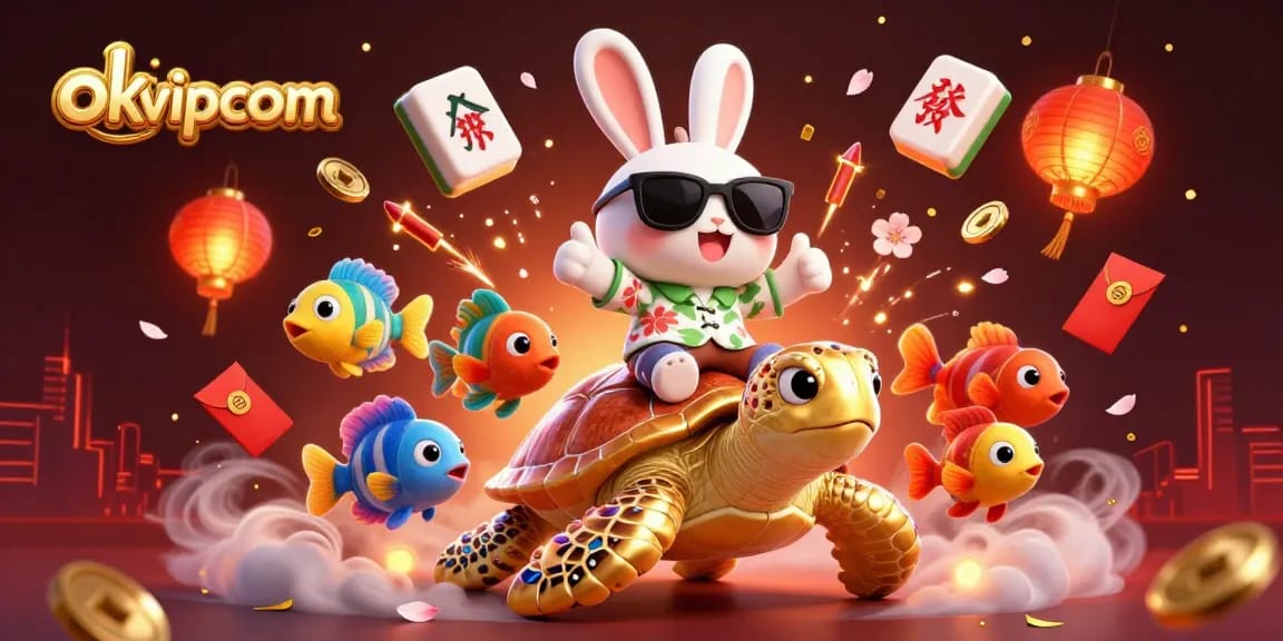 Engage with exciting games at okvipcom, featuring a lucky rabbit and golden turtle in a vibrant casino scene.