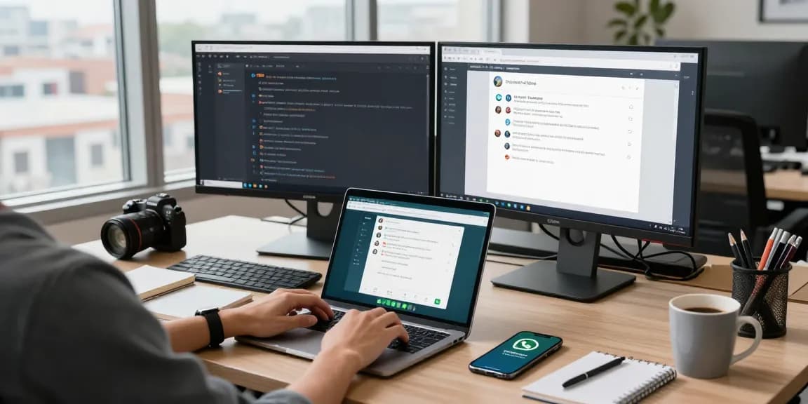 Using WhatsApp網頁版 on a laptop in a modern workspace with a creative desk setting.