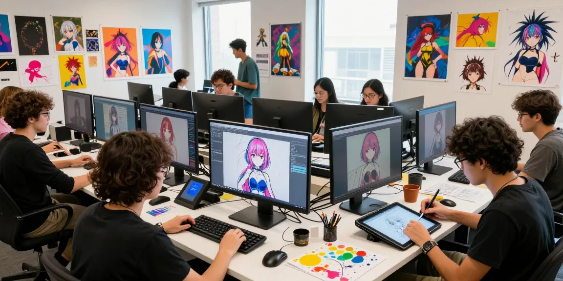Creative artists collaborating on AI-generated ecchi art in a vibrant digital studio.