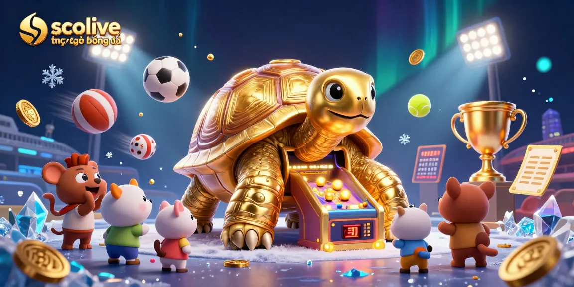 Socolive trực tiếp bóng đá featuring a golden pinball tortoise with dynamic sports elements around in a vibrant illustration.