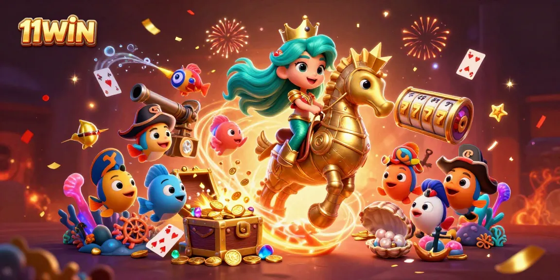 Experience thrilling underwater adventures with 11WIN, featuring a mermaid and seahorse in a vibrant, playful casino scene.