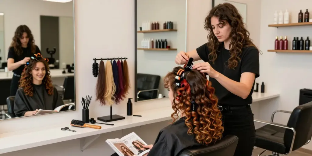 Stylist applying curly clip ins in a chic salon with vibrant hair textures.