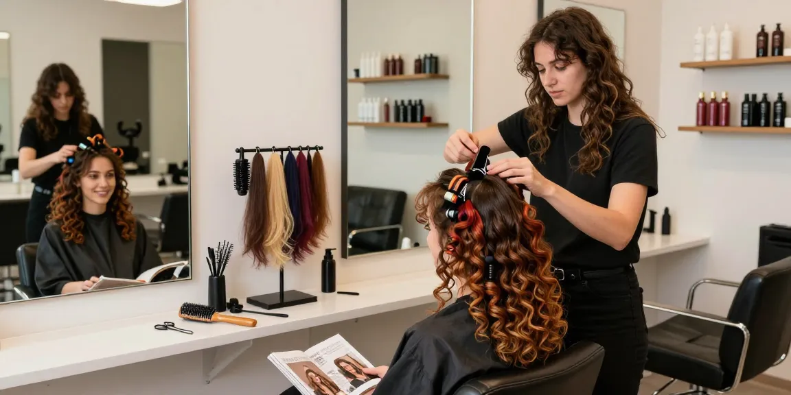 Stylist applying curly clip ins in a chic salon with vibrant hair textures.