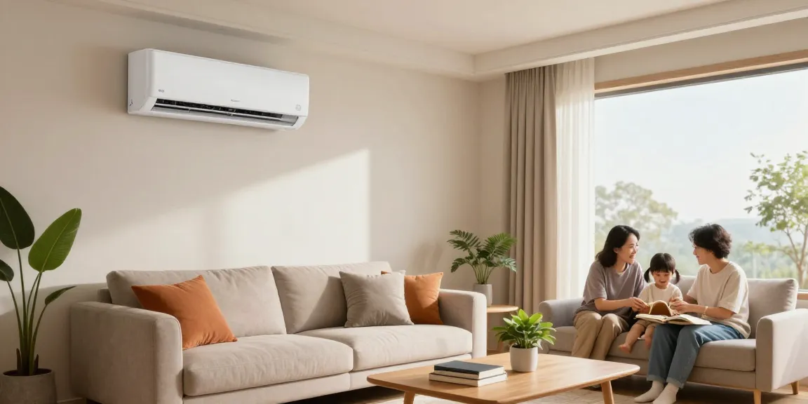 The family enjoying comfort in a modern living room with a mini split AC unit ensuring cool air.