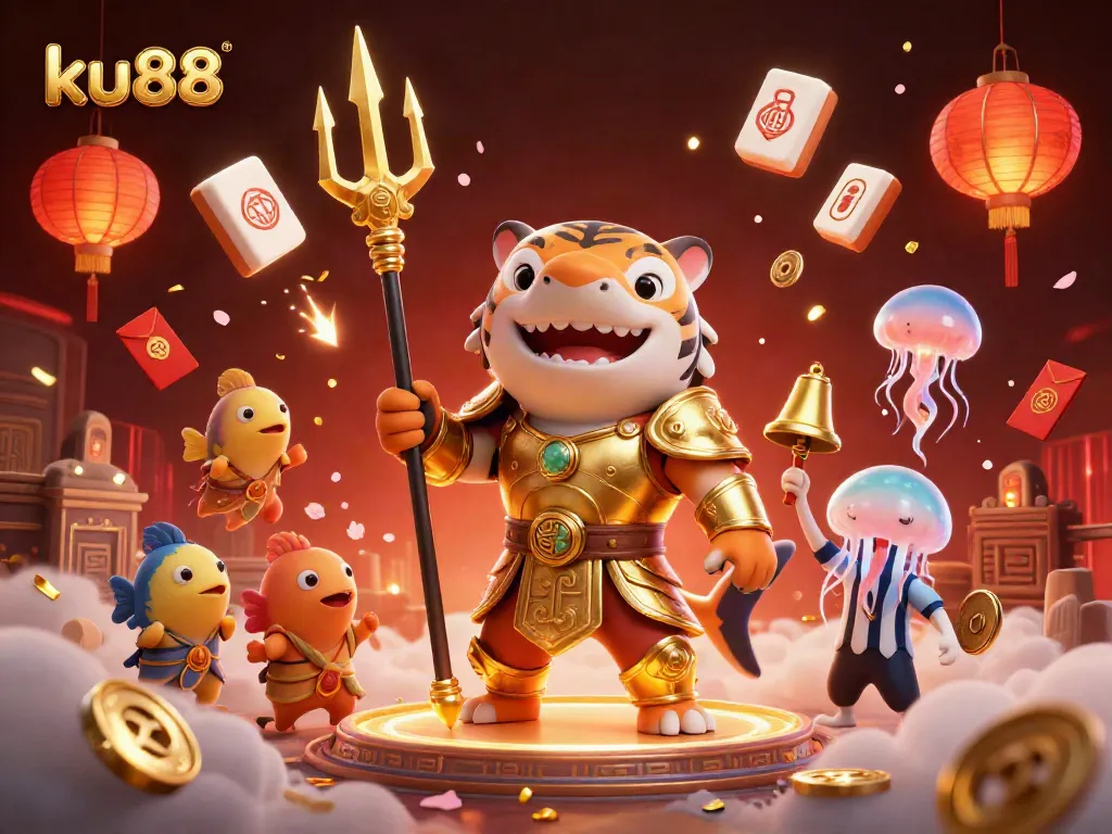 Experience thrilling gameplay at ku88 with an oceanic gladiatorial scene featuring a tiger shark and festive elements.
