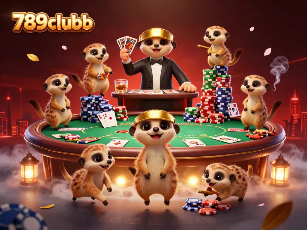 Engage with 789clubb's vibrant casino scene featuring meerkats orchestrating games with colorful poker chips and cards.