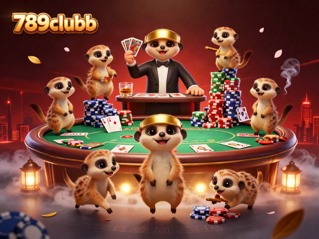 Engage with 789clubb's vibrant casino scene featuring meerkats orchestrating games with colorful poker chips and cards.