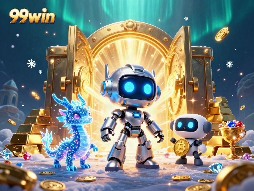 Winning with 99win in a vibrant 3D casino scene filled with treasure and animated characters
