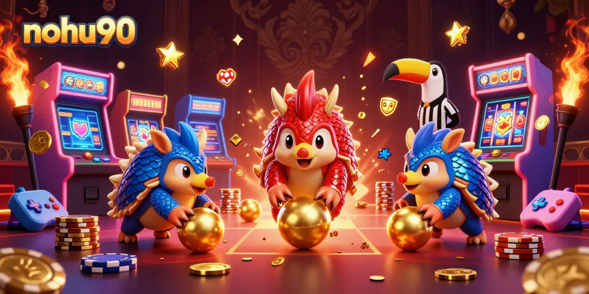 Noh90 features an exciting scene with rival pangolins in a jackpot game, showcasing vibrant casino elements.
