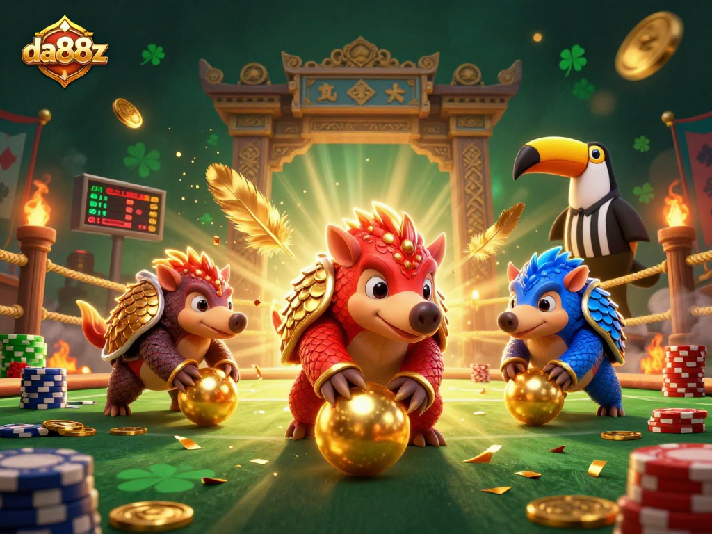 Engage in thrilling gameplay with da88z's dynamic casino scene featuring rival pangolins and vibrant gaming elements.