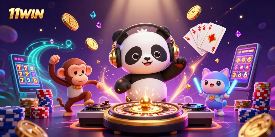 Feel the excitement of 11WIN with a DJ panda, dancing monkey, and rave kitten in this vibrant casino scene.