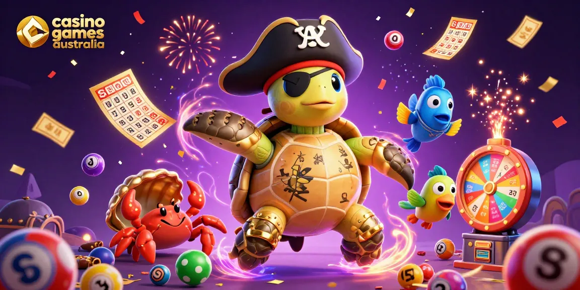 Engage in casino games australia with a vibrant 3D scene featuring a pirate turtle and treasure.