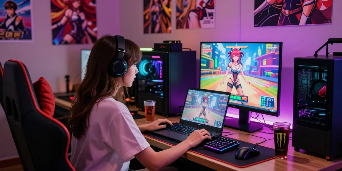Engaged player enjoying hentaigames in a vibrant gaming lounge with colorful lighting and immersive setup.