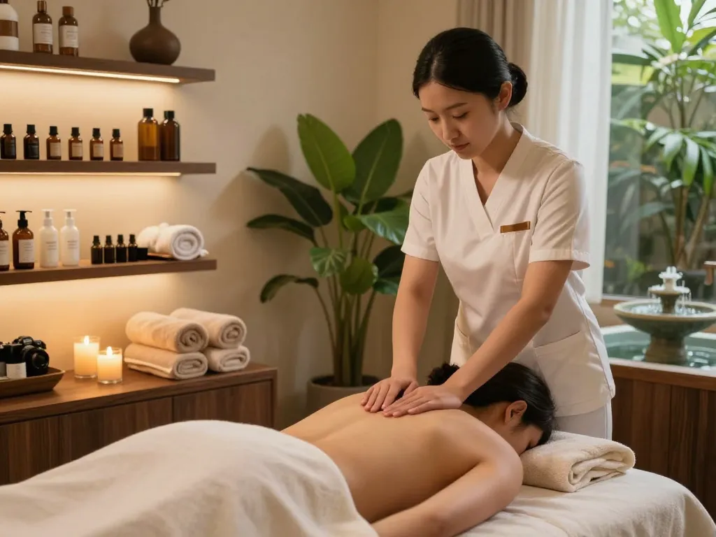 Spa hela ads massage therapy session in serene treatment room with ambient lighting.