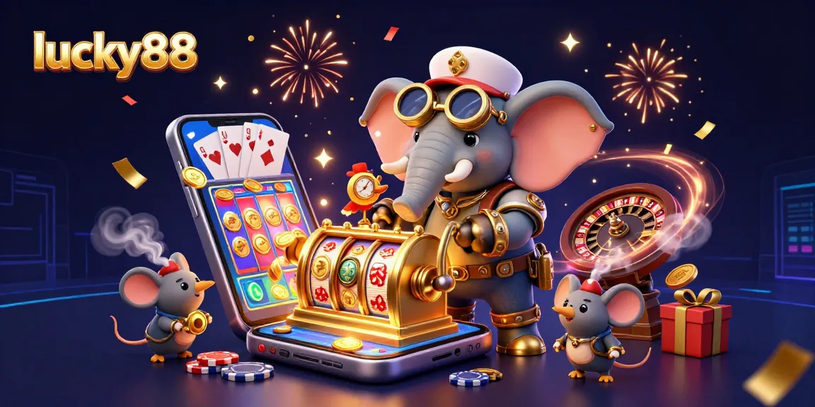 Engage with the dynamic lucky88 casino scene featuring a steampunk engineer, slot games, and festive elements.