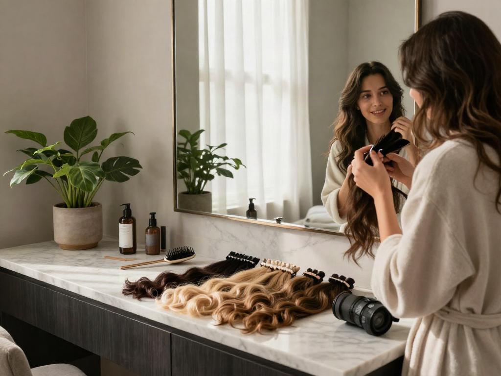 Applying the best clip in hair extensions in a stylish bathroom with natural light.