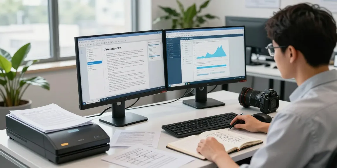 Document fraud detection workspace with a focused analyst using software algorithms and analyzing legal documents.