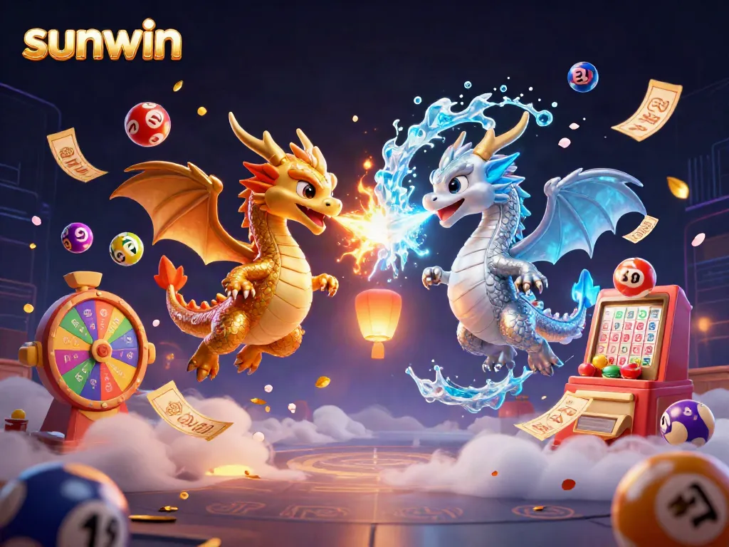 Experience thrilling wins at sunwin with dynamic lottery games surrounded by vibrant magical dragons.