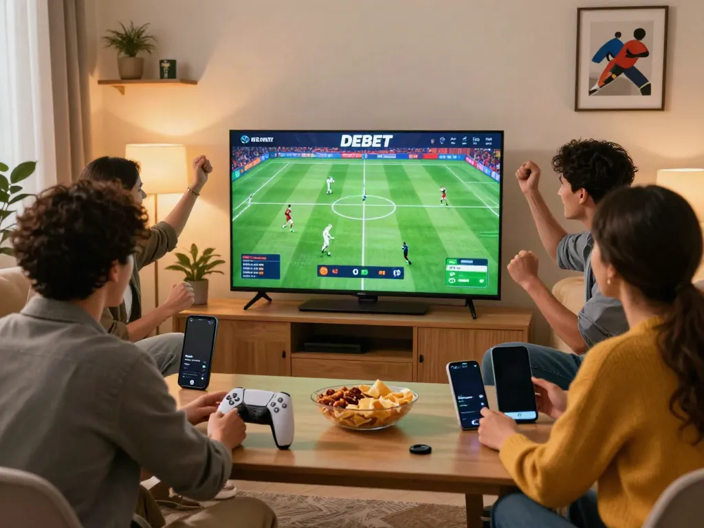 Friends enjoying a thrilling gaming session using the DEBET platform in a cozy living room.