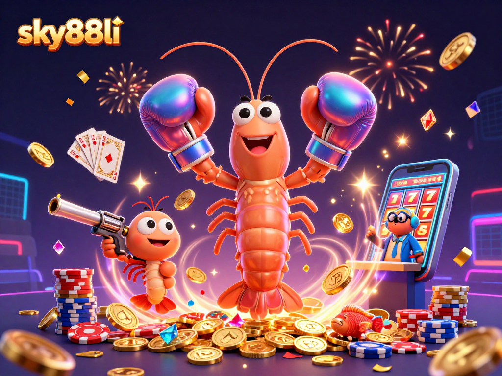 Experience thrilling casino action with sky88li's vibrant shrimp characters amidst golden wins!