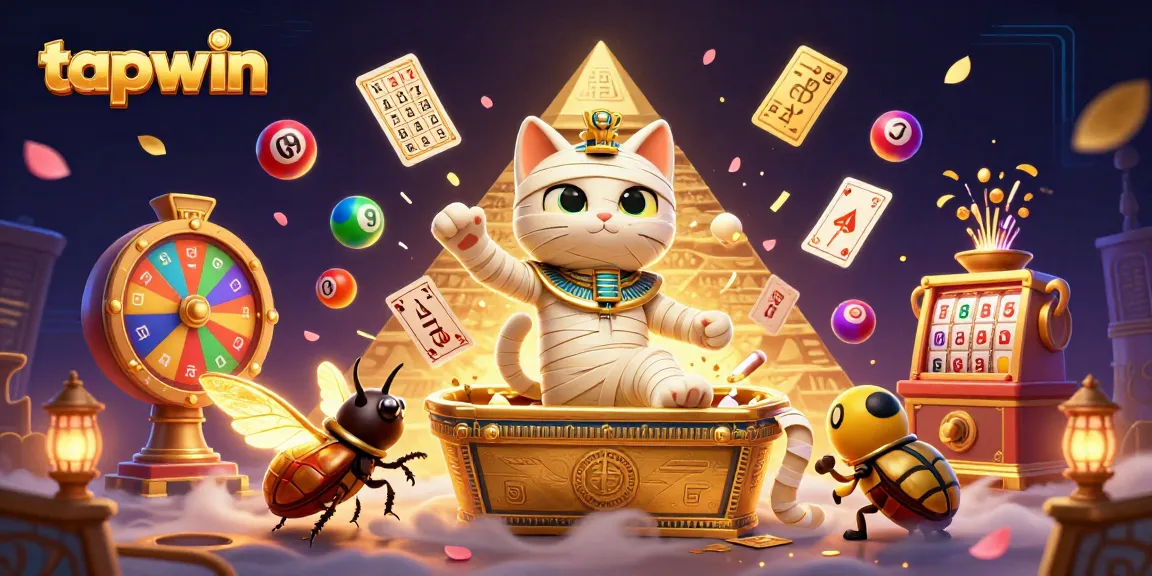 Experience the thrill of tapwin with a vibrant 3D casino illustration featuring a mummy cat and golden elements!