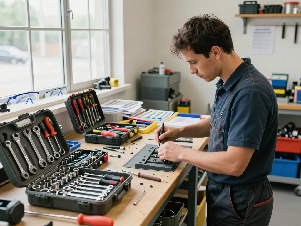Technician working with beta tools usa in a well-lit workshop, showcasing high-quality hand tools.