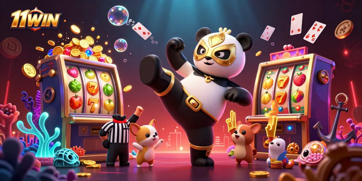 11WIN features a dynamic scene with characters enjoying casino slots and vibrant visuals.