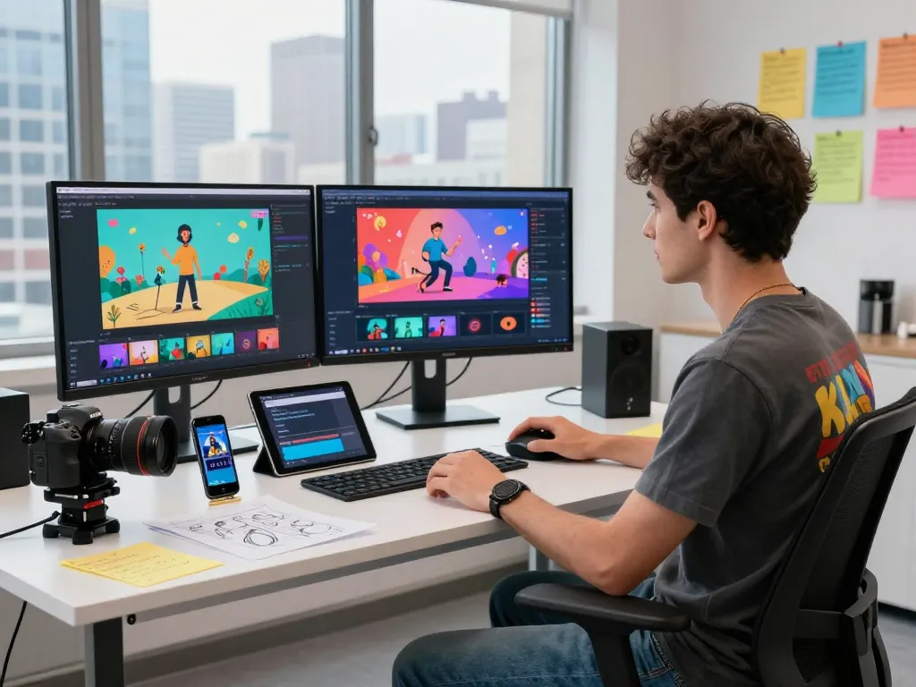 Creative professional using kling ai for dynamic video generation in a modern studio.